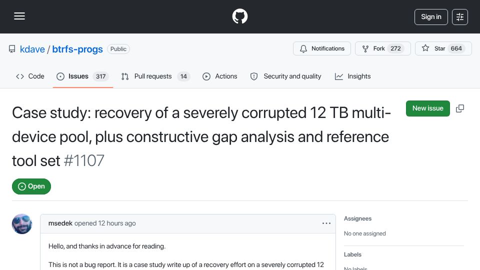 Screenshot of github.com: Case study: recovery of a corrupted 12 TB multi-device pool