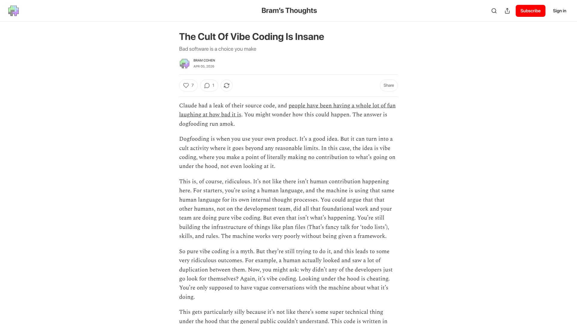 Screenshot of bramcohen.com: The cult of vibe coding is dogfooding run amok
