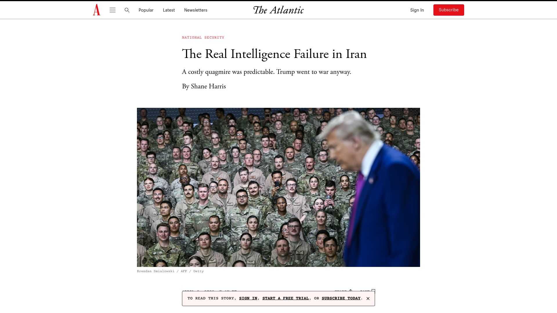 Screenshot of theatlantic.com: The Intelligence Failure in Iran