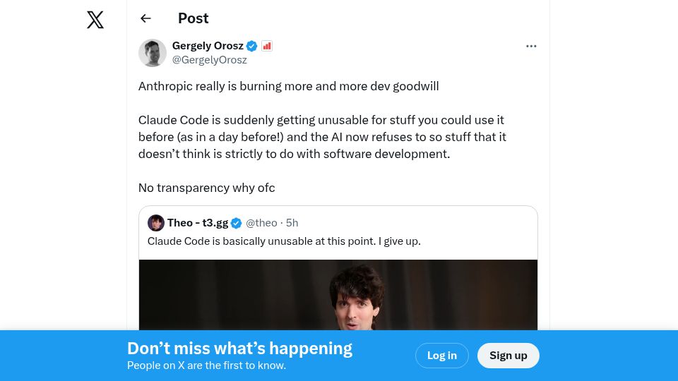 Screenshot of twitter.com: Anthropic is burning more and more dev goodwill