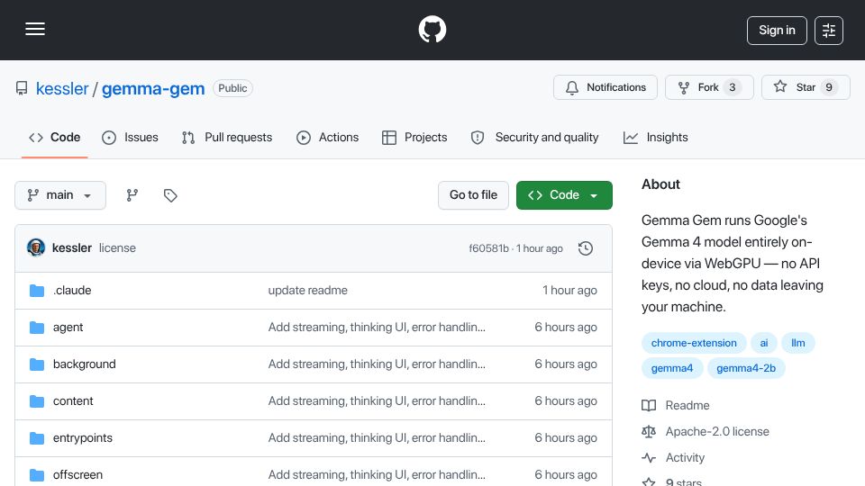 Screenshot of github.com: Show HN: Gemma Gem – AI model embedded in a browser – no API keys, no cloud