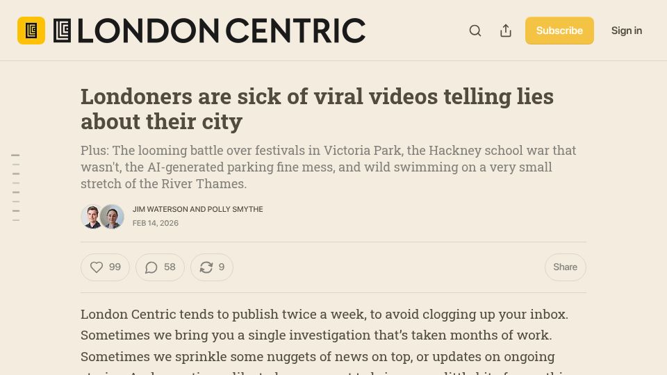 Screenshot of londoncentric.media: Londoners are sick of viral videos telling lies about their city