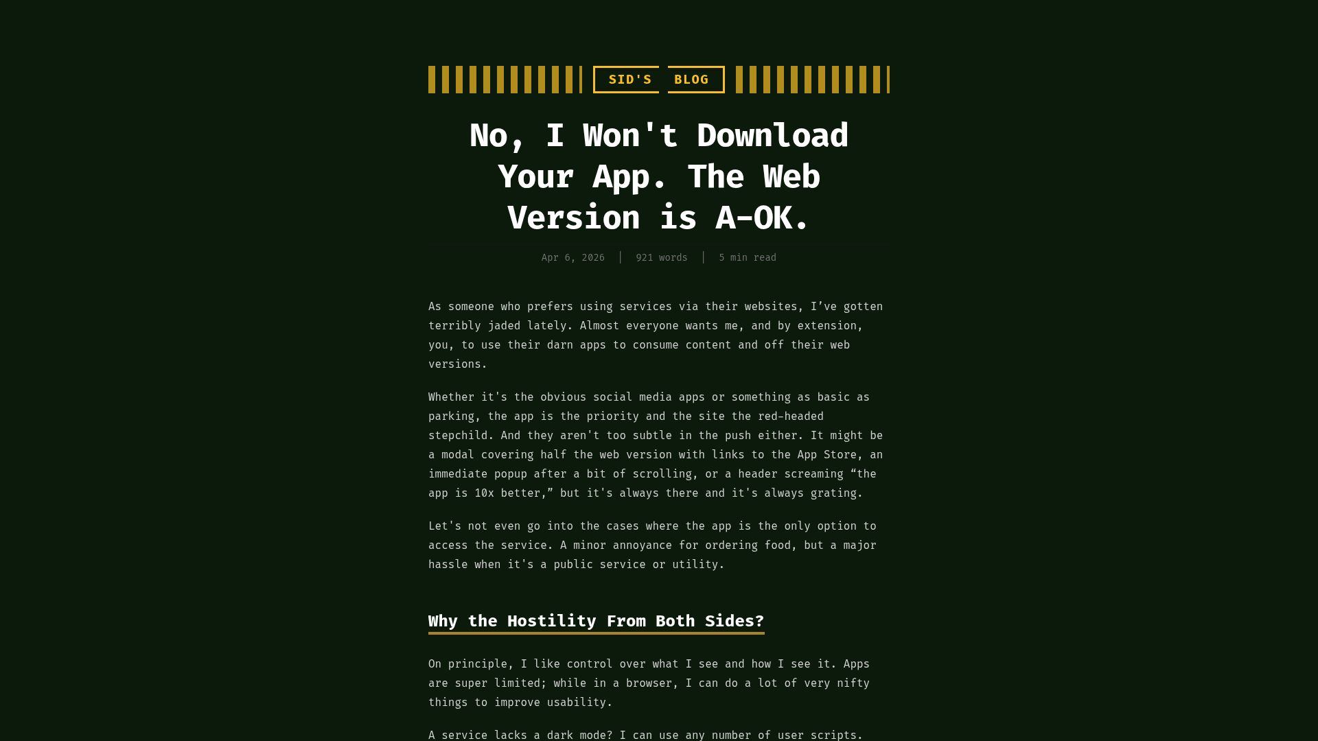 Screenshot of 0xsid.com: I won't download your app. The web version is a-ok