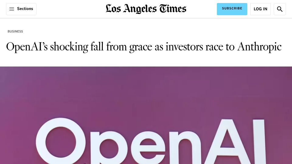 Screenshot of latimes.com: OpenAI's fall from grace as investors race to Anthropic