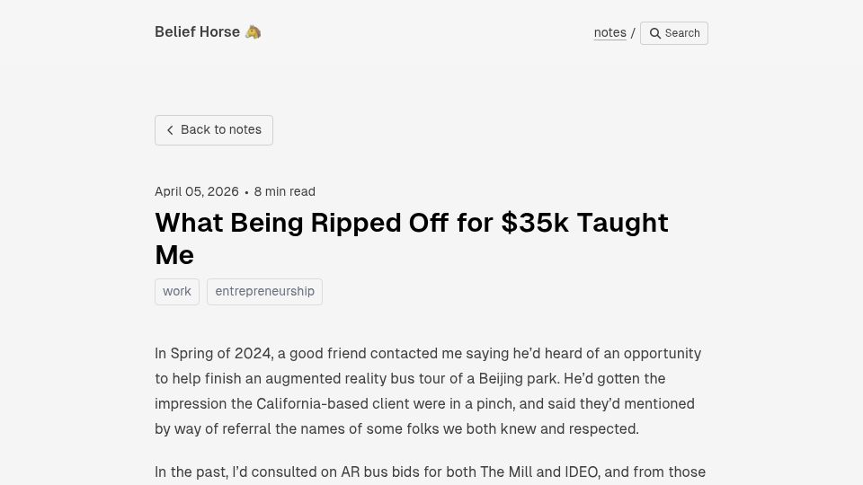Screenshot of belief.horse: What being ripped off taught me