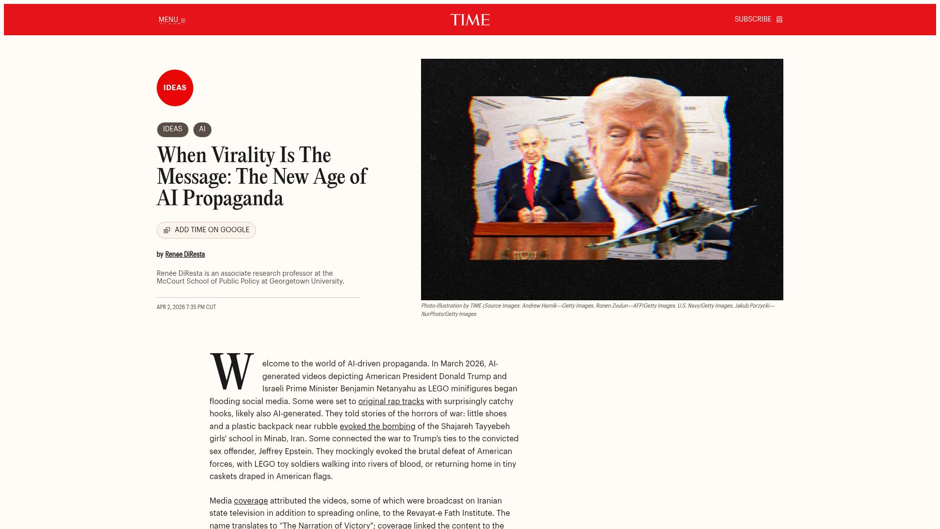 Screenshot of time.com: When Virality Is the Message: The New Age of AI Propaganda