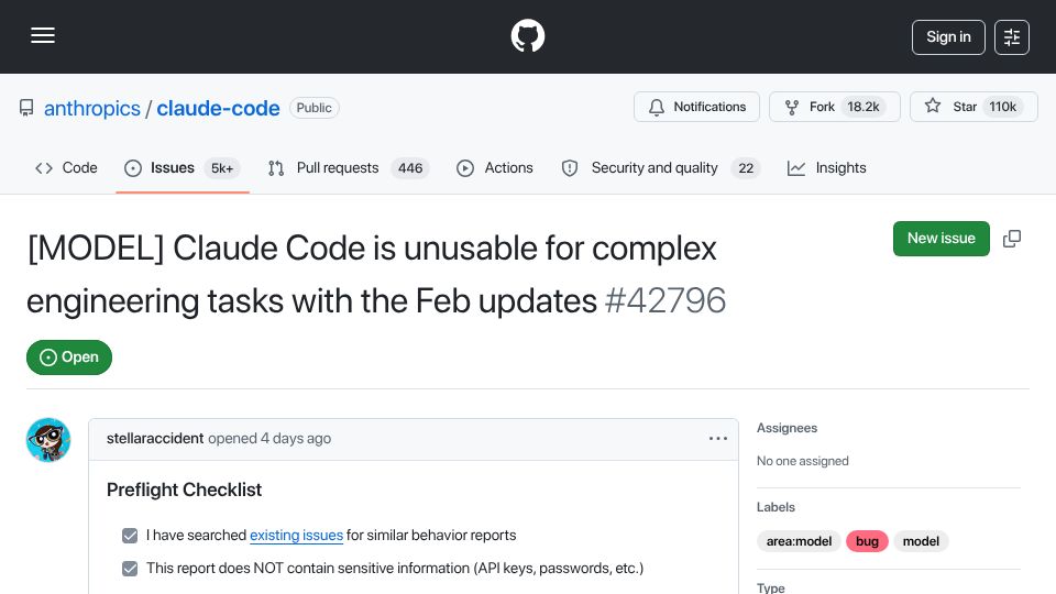 Screenshot of github.com: Issue: Claude Code is unusable for complex engineering tasks with Feb updates