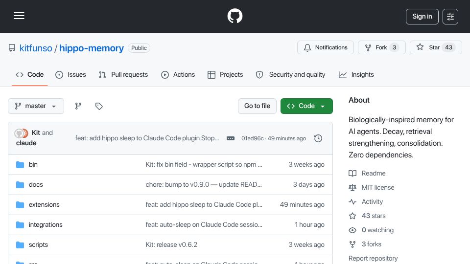 Screenshot of github.com: Show HN: Hippo, biologically inspired memory for AI agents