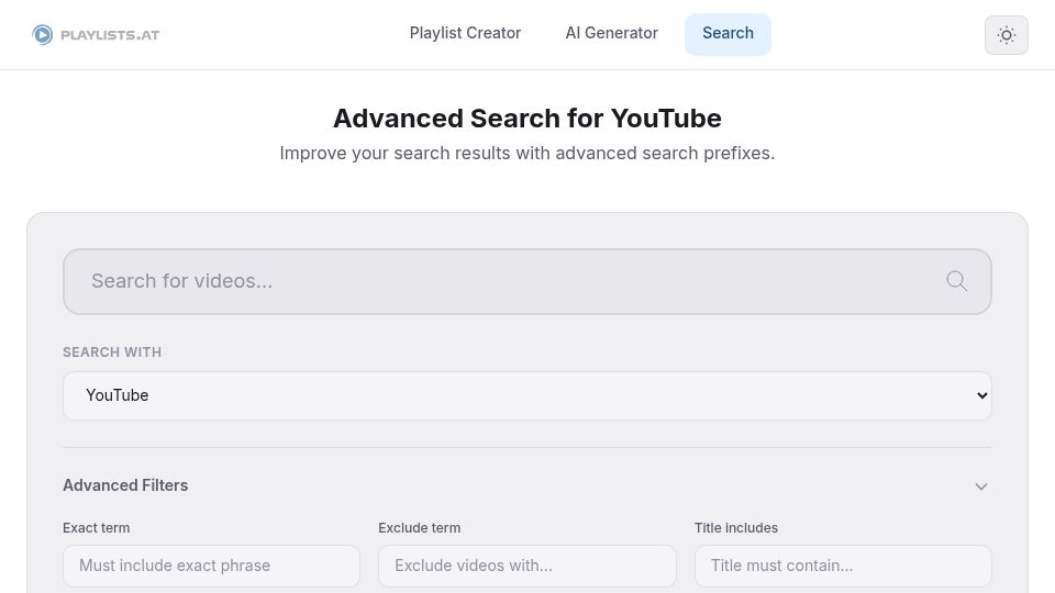 Screenshot of playlists.at: Show HN: I made a YouTube search form with advanced filters