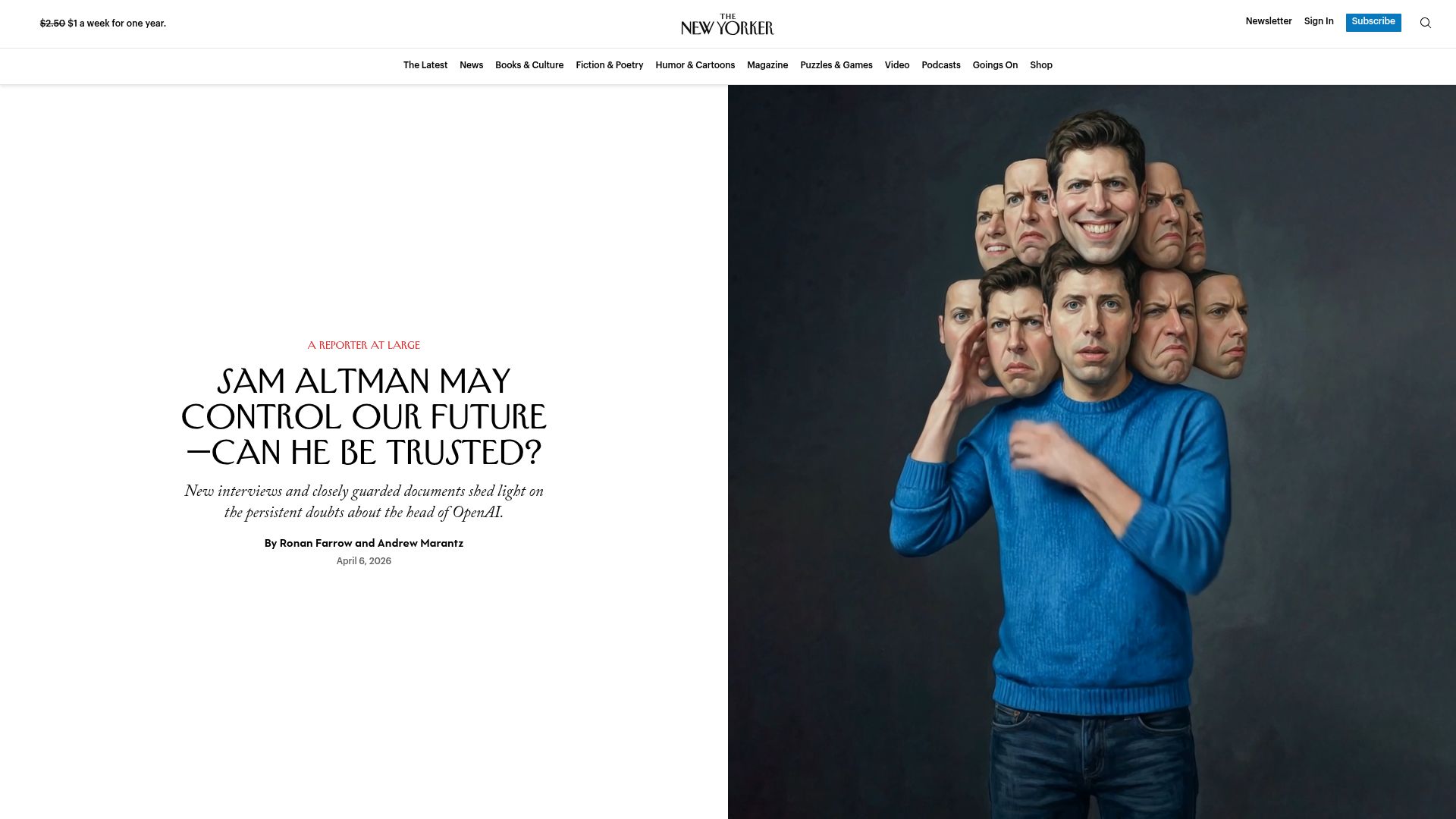 Screenshot of newyorker.com: Sam Altman may control our future – can he be trusted?