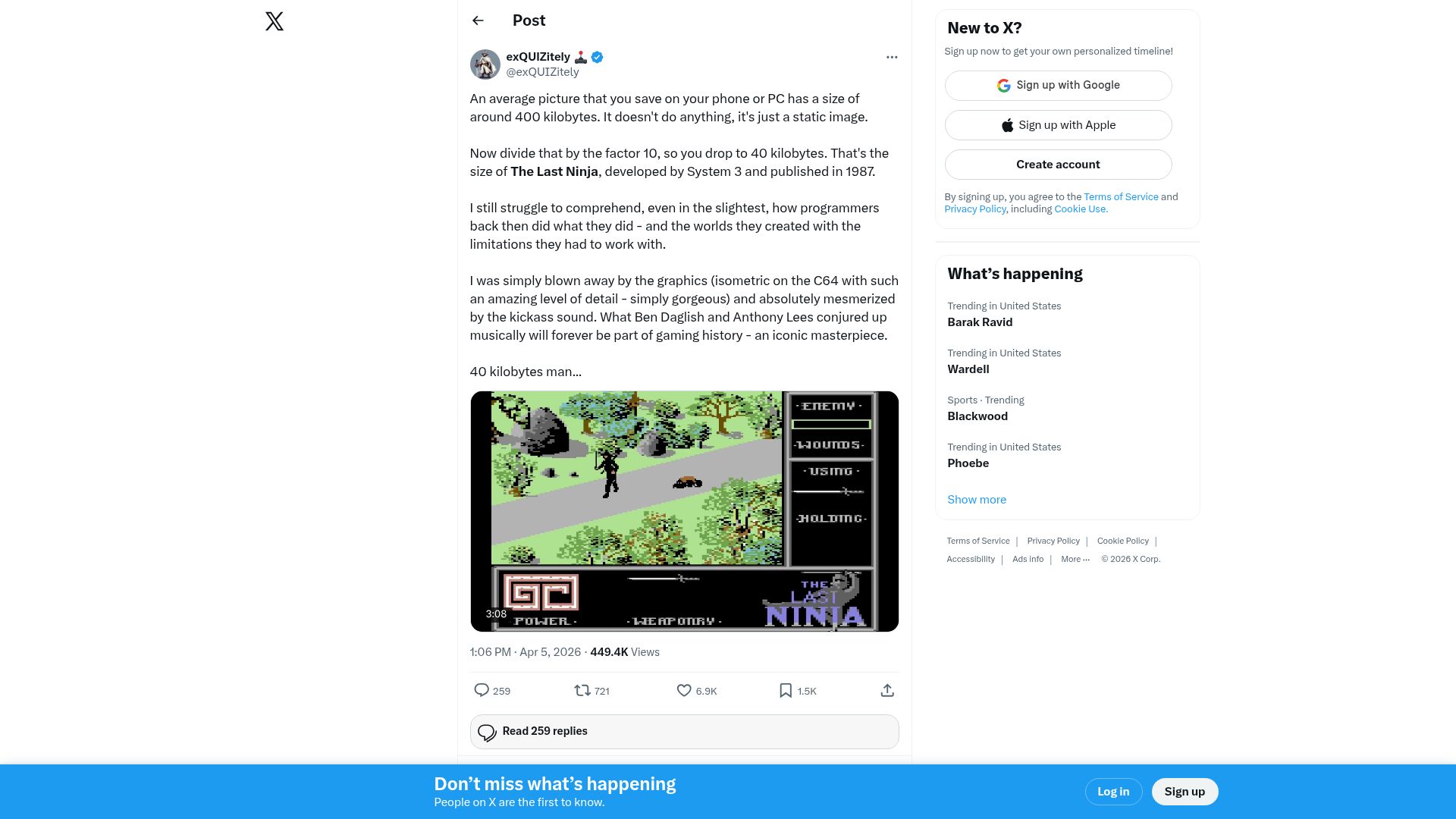 Screenshot of twitter.com: The 1987 game “The Last Ninja” was 40 kilobytes