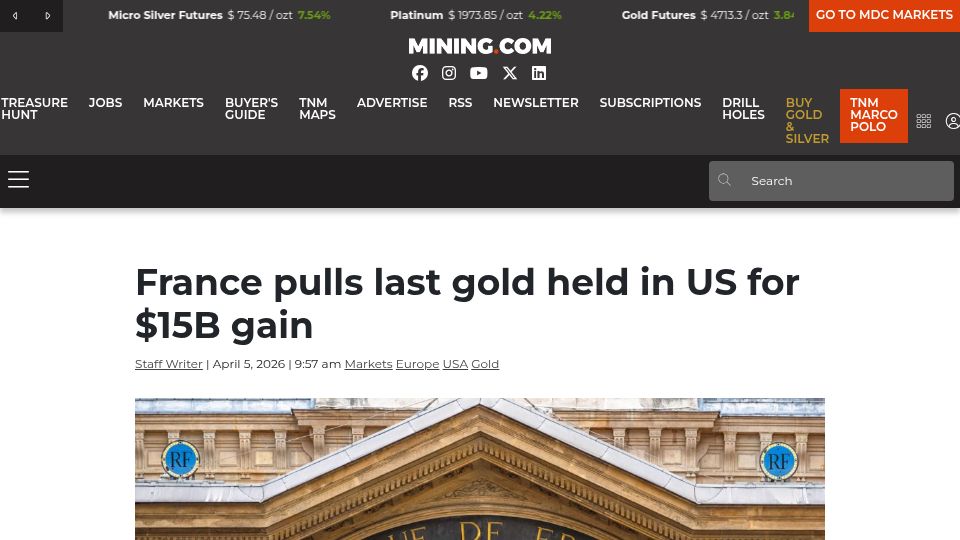 Screenshot of mining.com: France pulls last gold held in US