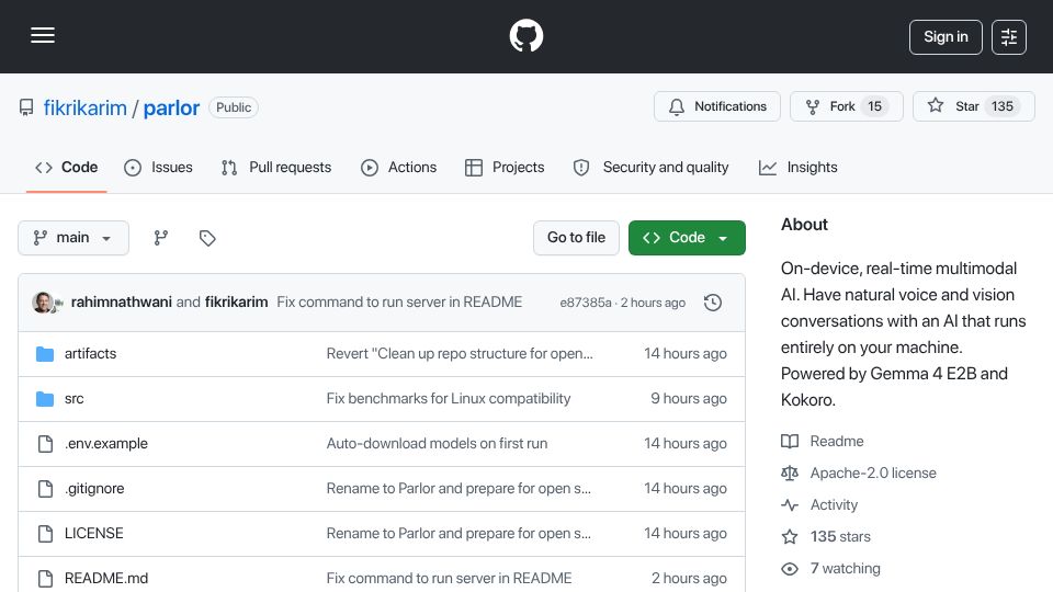 Screenshot of github.com: Show HN: Real-time AI (audio/video in, voice out) on an M3 Pro with Gemma E2B