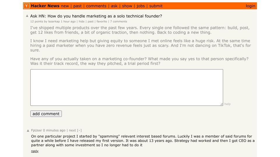 Screenshot of Hacker News post: Ask HN: How do you handle marketing as a solo technical founder?
