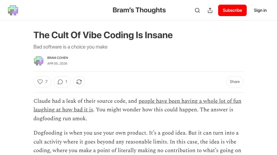 Screenshot of bramcohen.com: The cult of vibe coding is dogfooding run amok