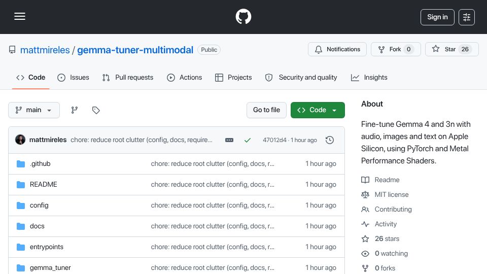 Screenshot of github.com: Show HN: Gemma 4 Multimodal Fine-Tuner for Apple Silicon