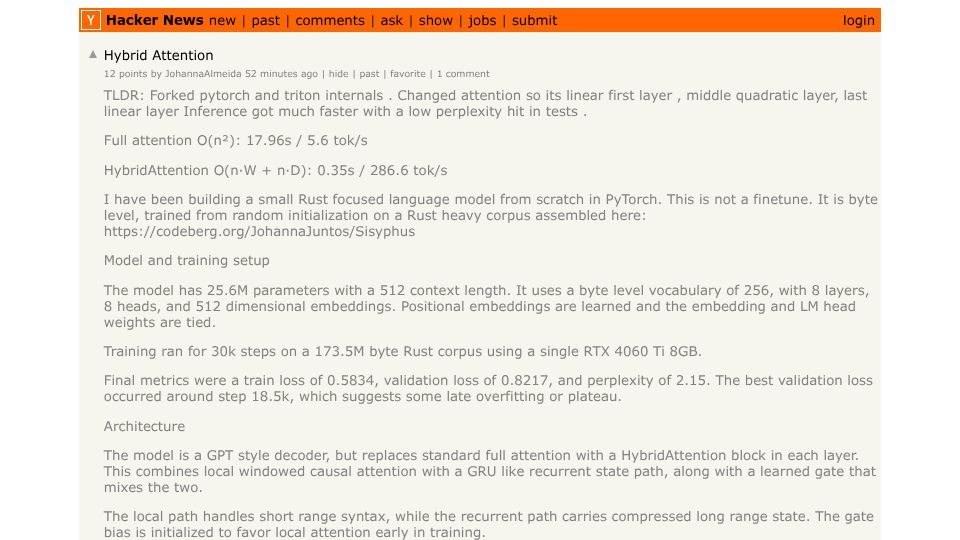 Screenshot of Hacker News post: Hybrid Attention
