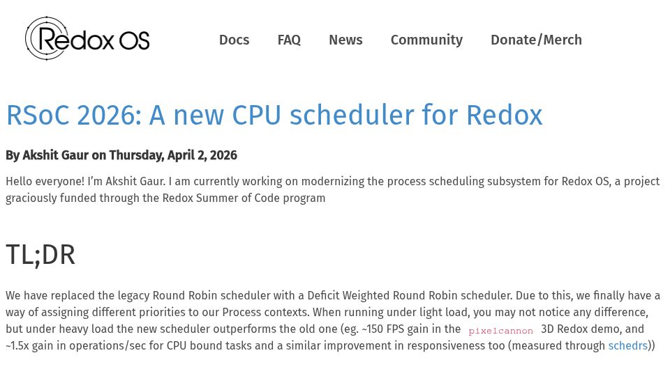 Screenshot of redox-os.org: RSoC 2026: A new CPU scheduler for Redox OS