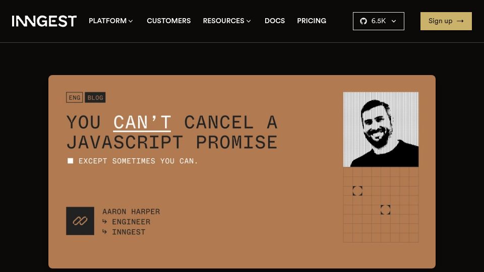 Screenshot of inngest.com: You can't cancel a JavaScript promise (except sometimes you can)