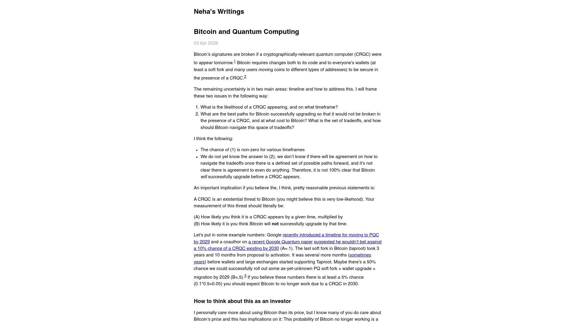 Screenshot of nehanarula.org: Bitcoin and quantum computing