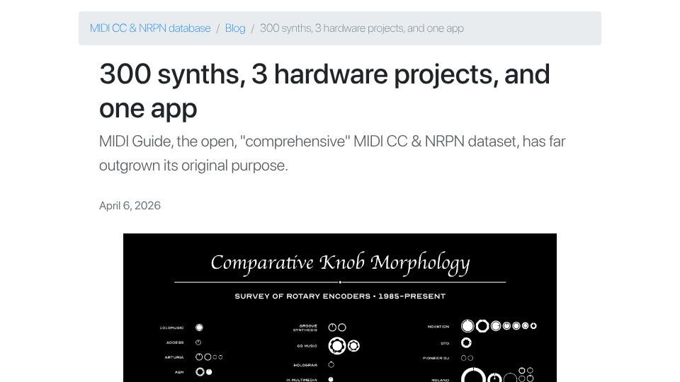 Screenshot of midi.guide: Three hundred synths, 3 hardware projects, and one app