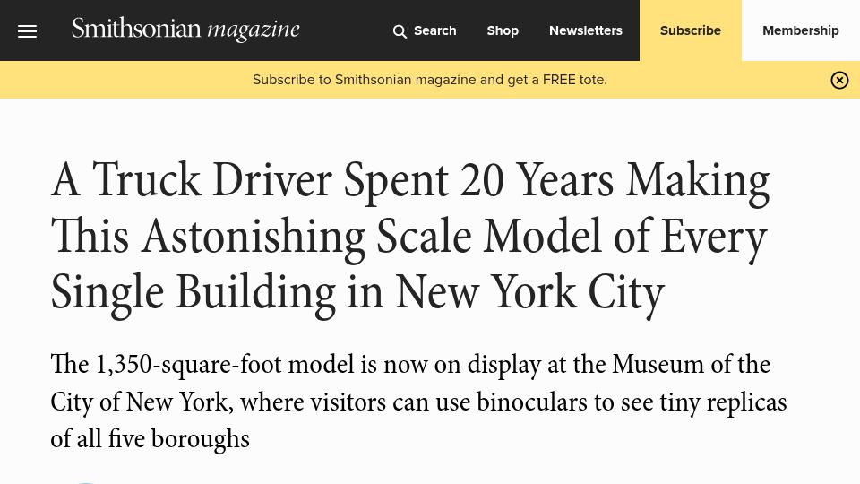 Screenshot of smithsonianmag.com: A truck driver spent 20 years making a scale model of every building in NYC