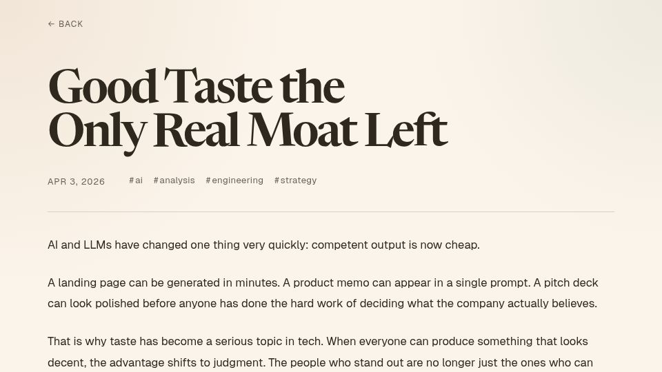Screenshot of rajnandan.com: Taste in the age of AI and LLMs