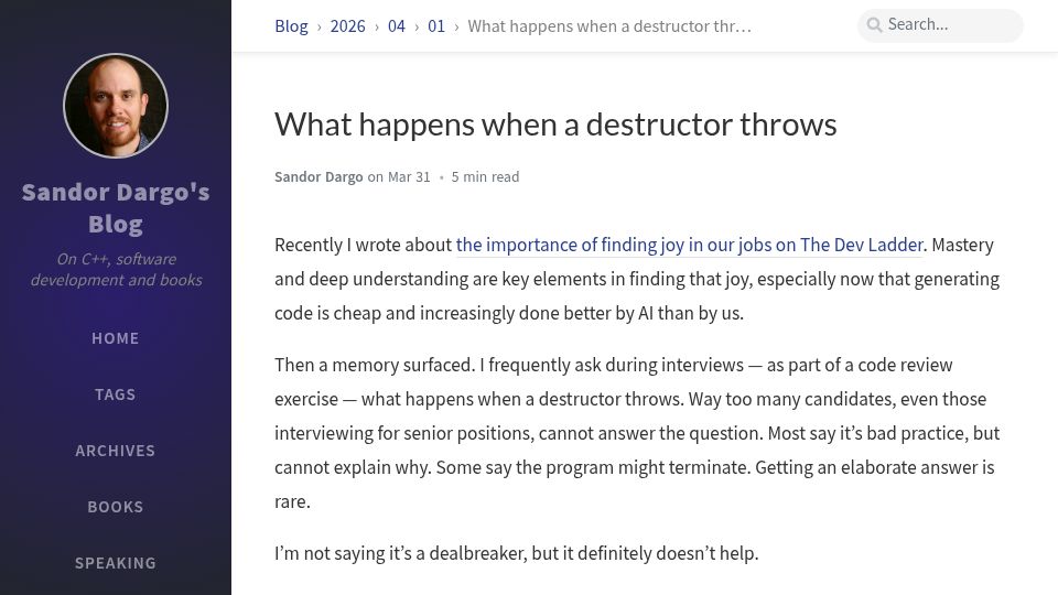 Screenshot of sandordargo.com: What happens when a destructor throws