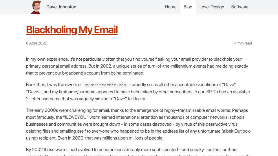 Screenshot of johnsto.co.uk: Blackholing My Email