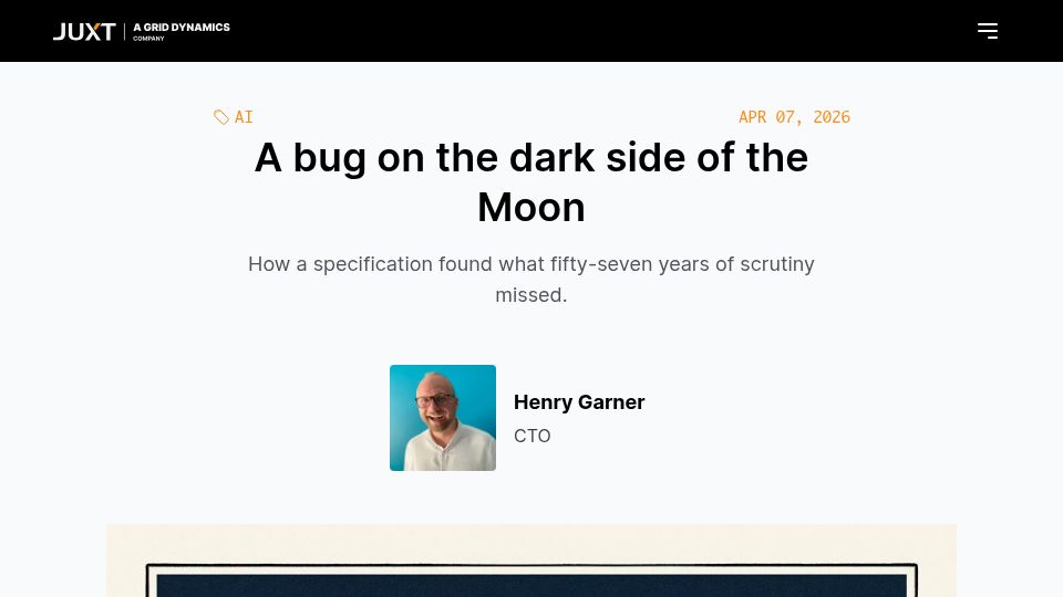 Screenshot of juxt.pro: We found an undocumented bug in the Apollo 11 guidance computer code