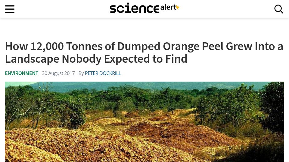 Screenshot of sciencealert.com: 12k Tons of Dumped Orange Peel Grew into a Landscape Nobody Expected (2017)
