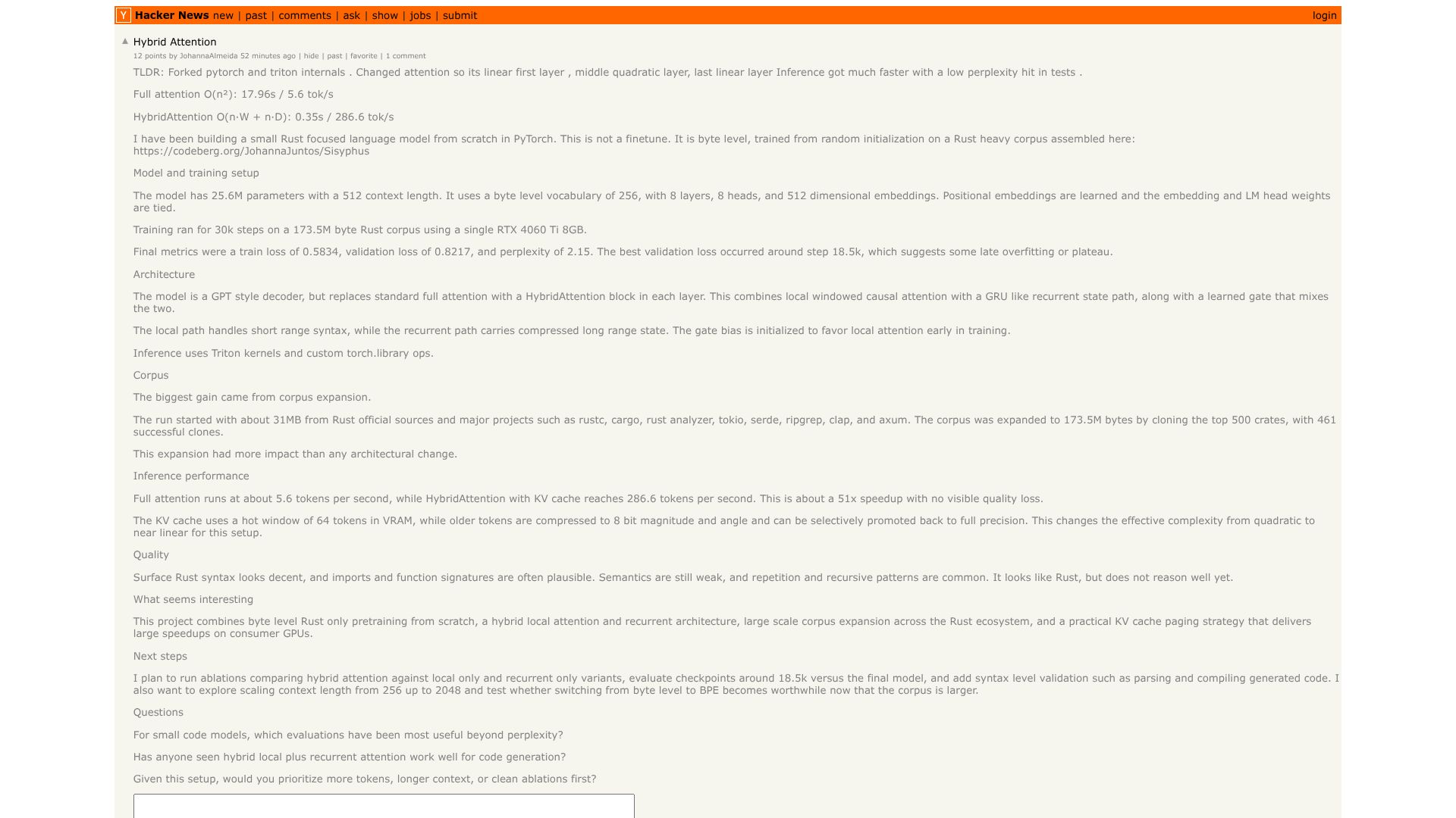 Screenshot of this Hacker News post: Hybrid Attention