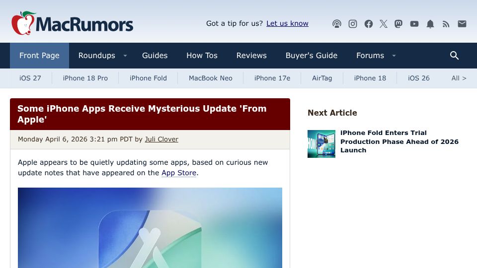 Screenshot of macrumors.com: Some iPhone Apps Receive Mysterious Update 'From Apple'