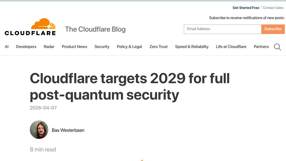 Screenshot of blog.cloudflare.com: Cloudflare targets 2029 for full post-quantum security