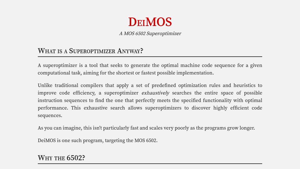 Screenshot of aransentin.github.io: DeiMOS – A Superoptimizer for the MOS 6502