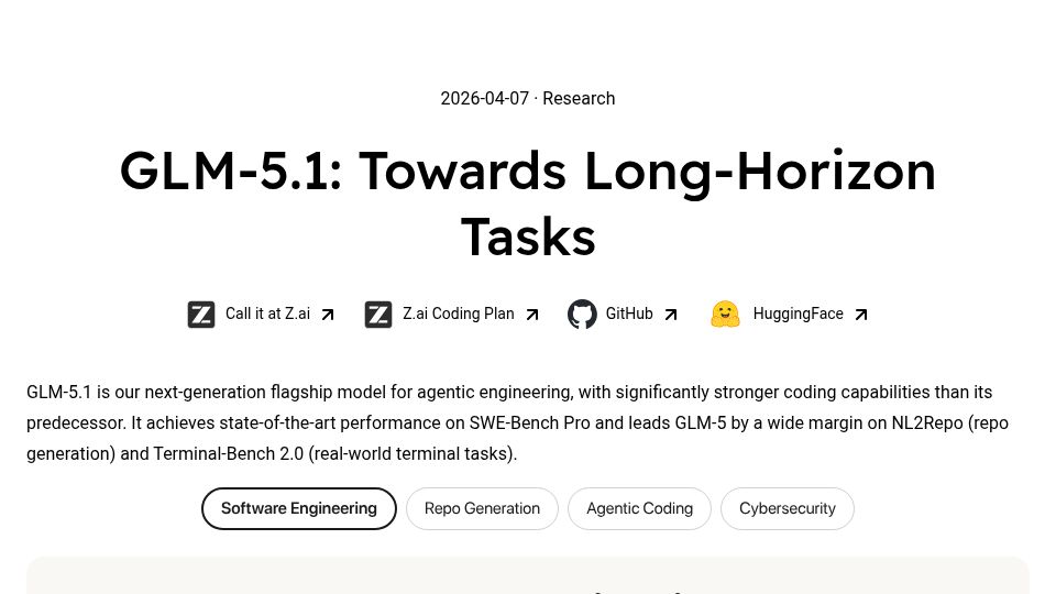 Screenshot of z.ai: GLM-5.1: Towards Long-Horizon Tasks
