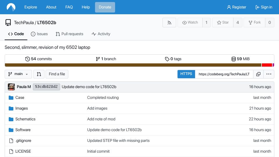 Screenshot of codeberg.org: Second Revision of 6502 Laptop