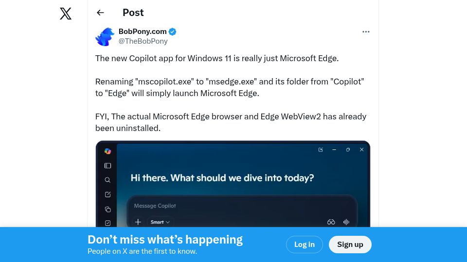 Screenshot of twitter.com: "The new Copilot app for Windows 11 is really just Microsoft Edge"