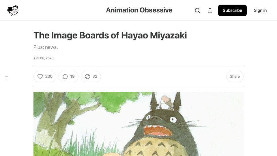Screenshot of animationobsessive.substack.com: The Image Boards of Hayao Miyazaki