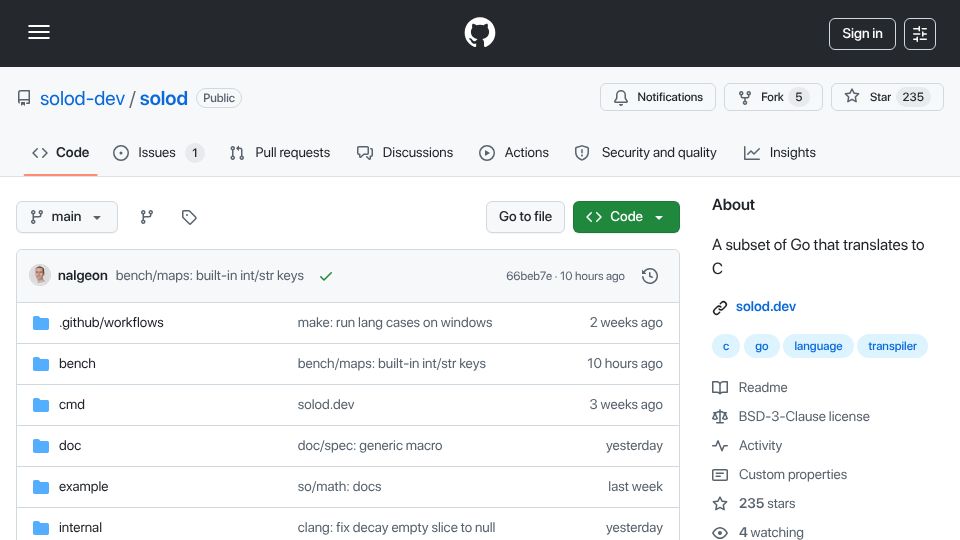 Screenshot of github.com: Solod – A subset of Go that translates to C
