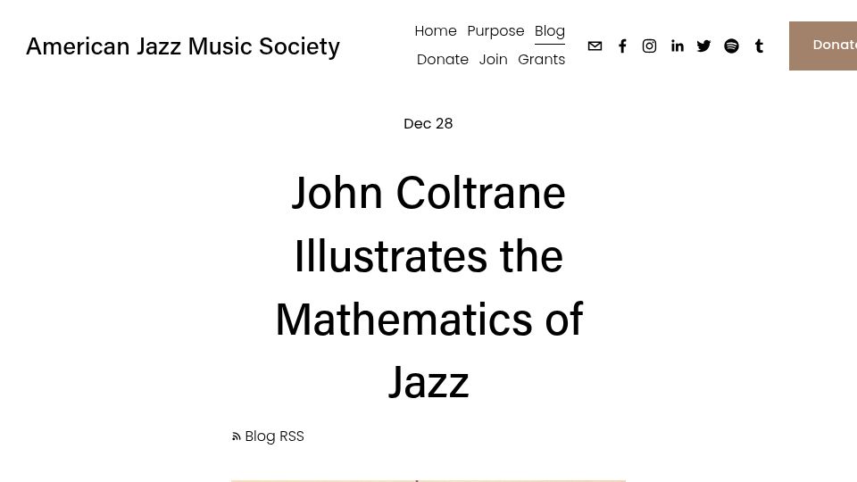 Screenshot of americanjazzmusicsociety.com: John Coltrane illustrates the mathematics of jazz