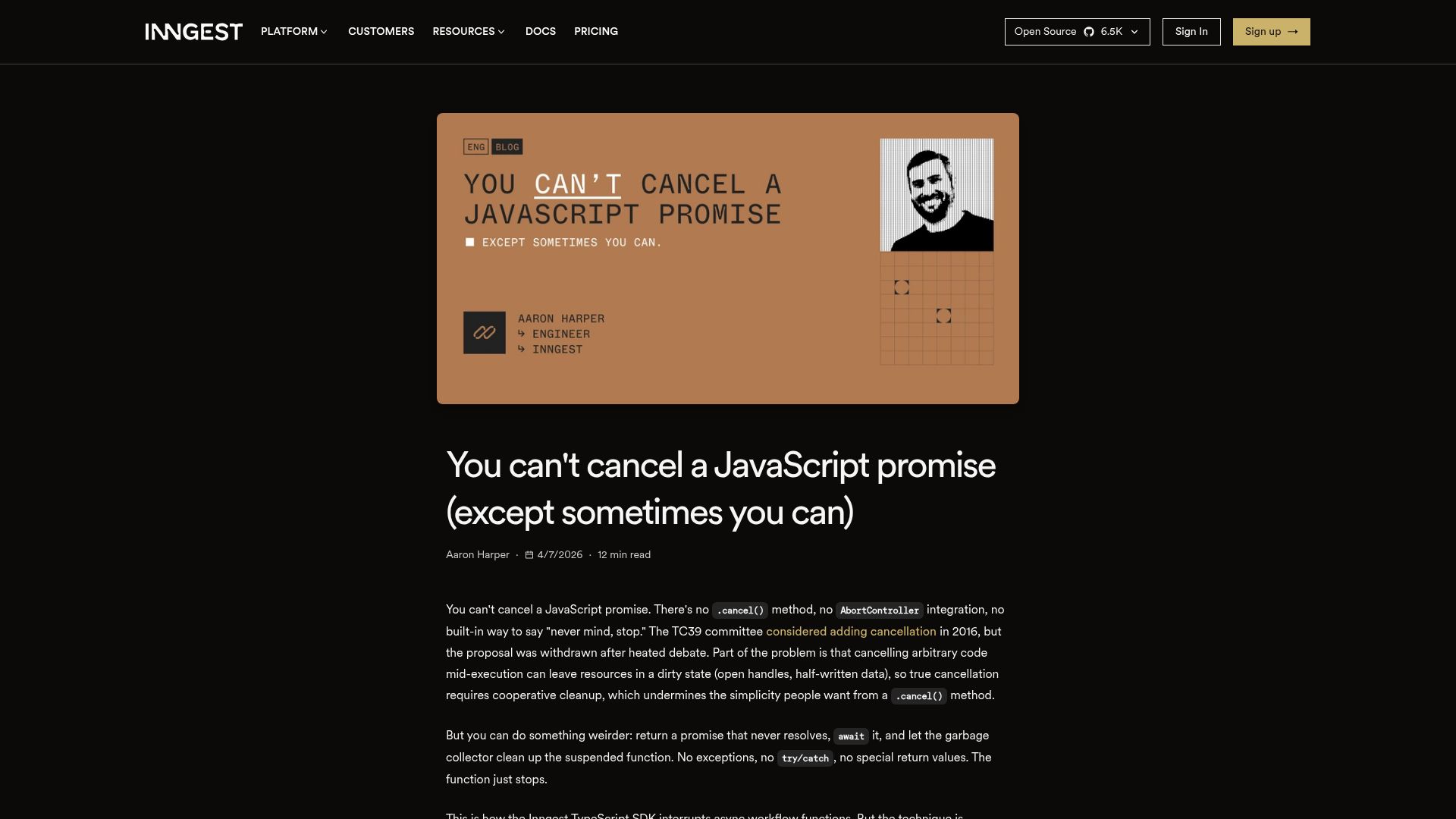 Screenshot of inngest.com: You can't cancel a JavaScript promise (except sometimes you can)