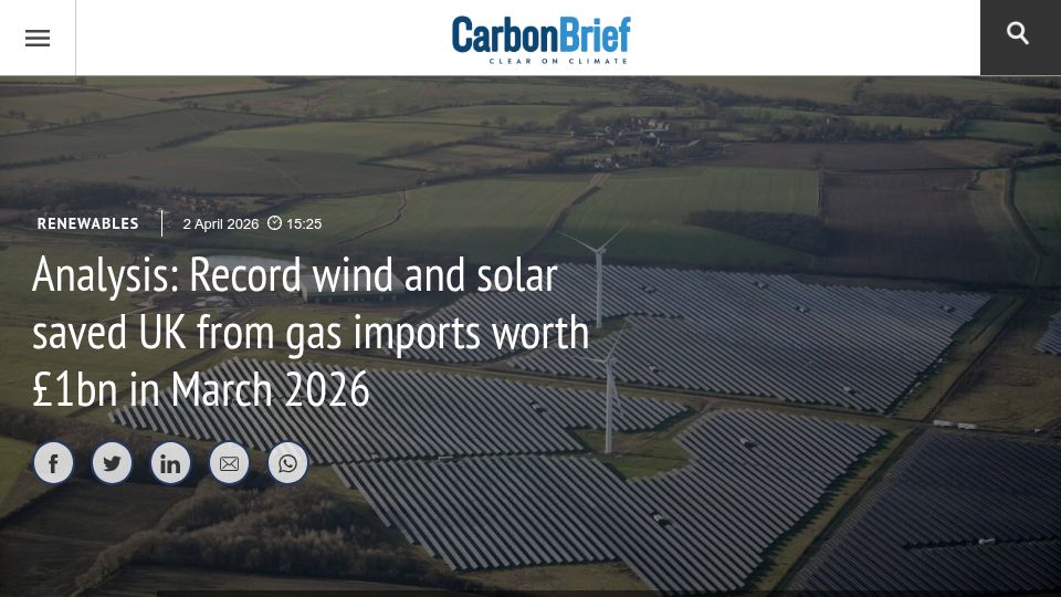 Screenshot of carbonbrief.org: Record wind and solar saved UK from gas imports worth £1B in March 2026