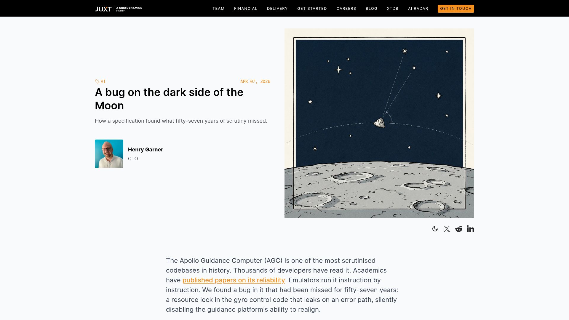 Screenshot of juxt.pro: We found an undocumented bug in the Apollo 11 guidance computer code