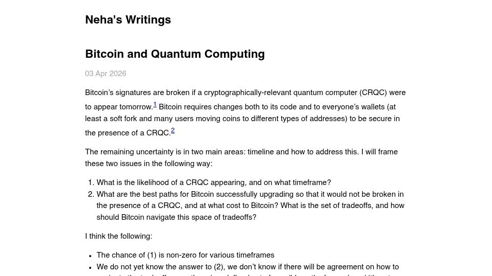 Screenshot of nehanarula.org: Bitcoin and quantum computing