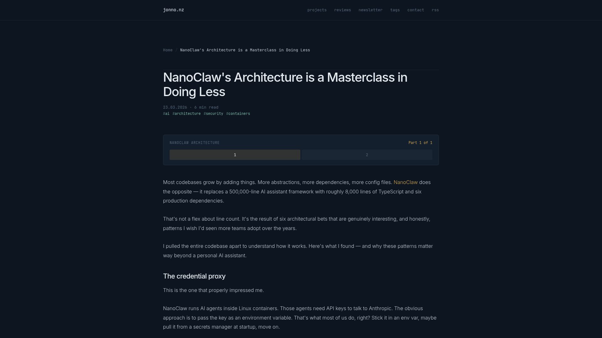 Screenshot of jonno.nz: NanoClaw's Architecture Is a Masterclass in Doing Less