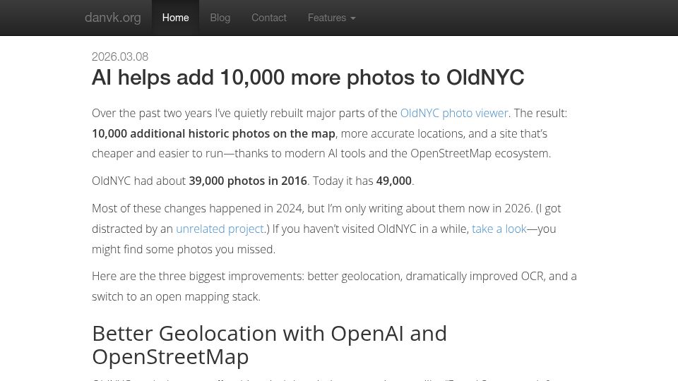 Screenshot of danvk.org: AI helps add 10k more photos to OldNYC