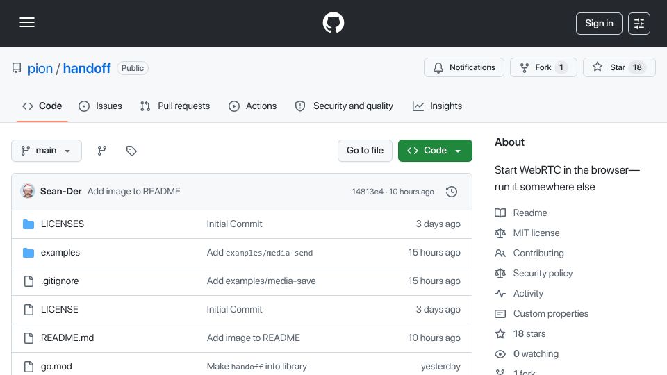 Screenshot of github.com: Show HN: Pion/handoff – Move WebRTC out of browser and into Go
