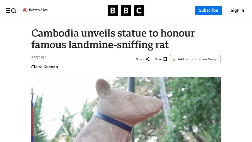 Screenshot of bbc.com: Cambodia unveils statue to honour famous landmine-sniffing rat