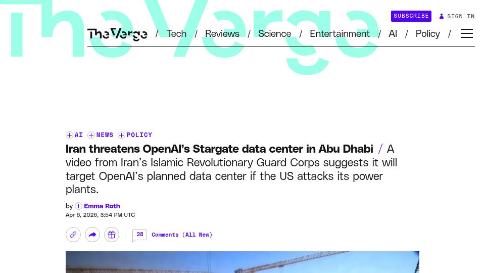 Screenshot of theverge.com: Iran threatens OpenAI's Stargate data center in Abu Dhabi
